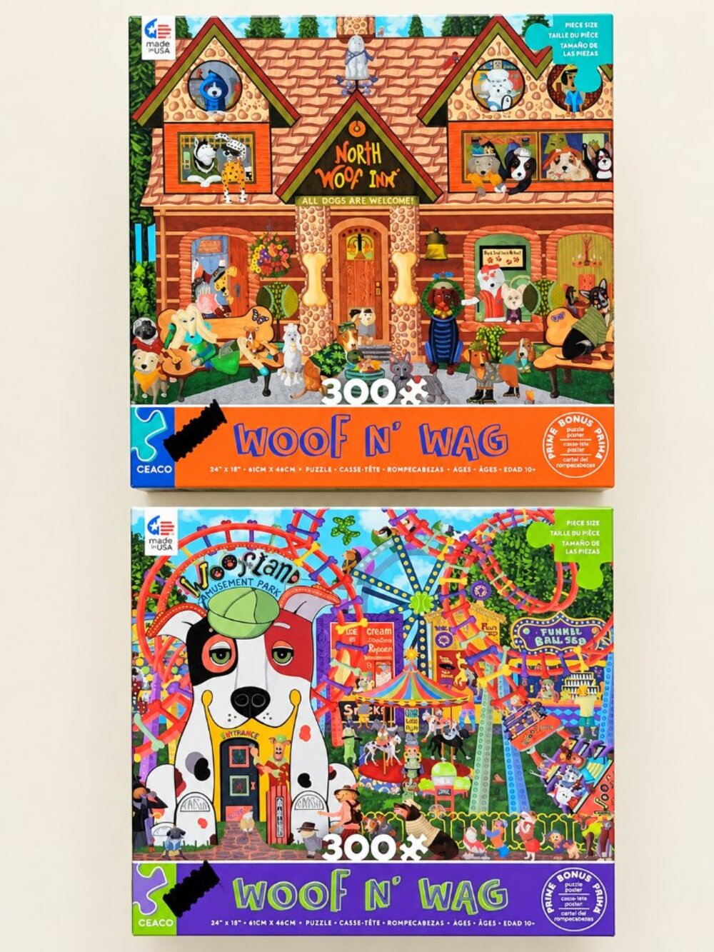 Ceaco Woof N' Wag 300 Pc Puzzle Lot of 2 Dogs Woofland Amusement North Woof Inn